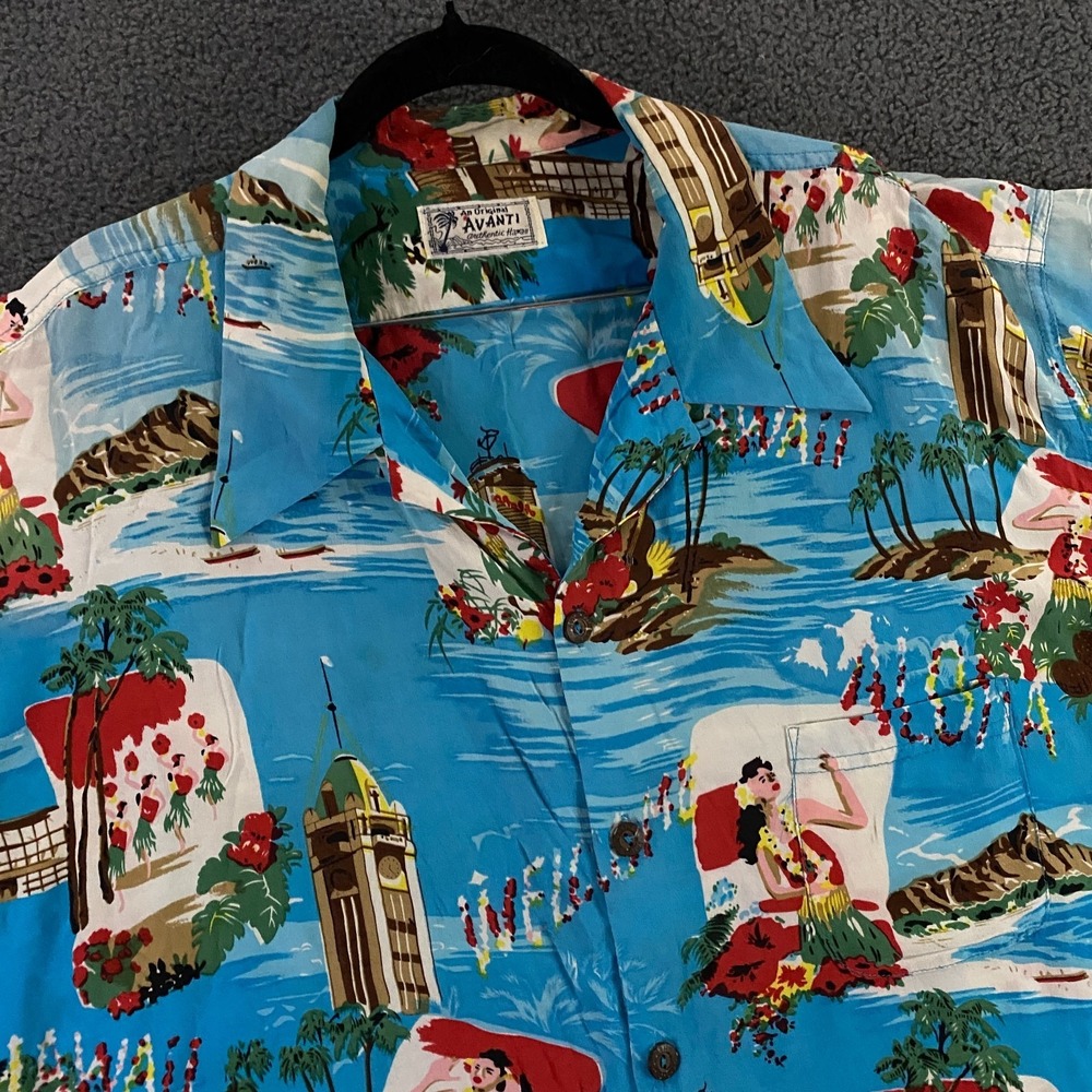 Vintage Avanti Silk Hawaiian Shirt FITS Mens‎ XL Hula Girl Lei Aloha